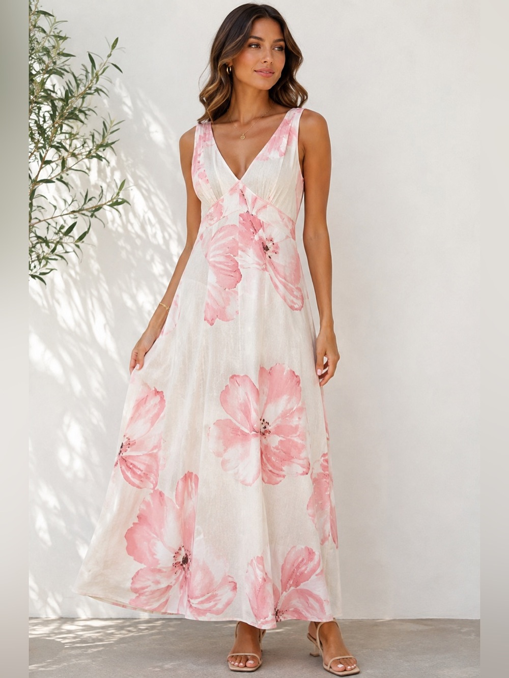 Paper Heart XS Pink Floral Rayon Linen Blend Maxi Dress V Neck Cottagecore